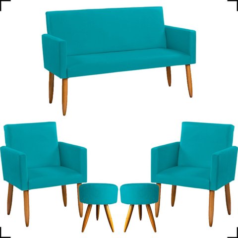 Kit Namoradeira Decorativa + 2 Poltronas Para Sala Reforçadas + 2 Puff Redondo Suede Azul-turquesa
