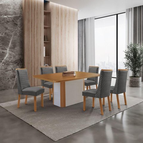 Conjunto de Jantar Isadora 6 Lugares Tampo MDF Cadeiras Carolina Linho Grafite e Naturalle 180cm