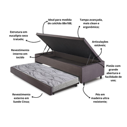 Bicama Box com Baú Solteiro 88x188 com Colchão Auxiliar Suede Cinza - 5