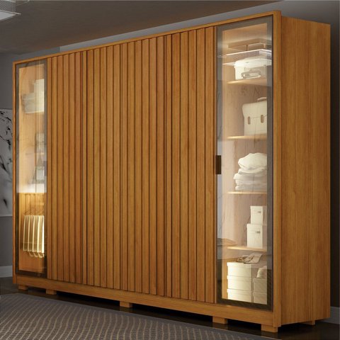Guarda Roupa Casal Ripado com Vidro Reflecta e LED 6 Portas 6 Gavetas 100% MDF Like Yescasa