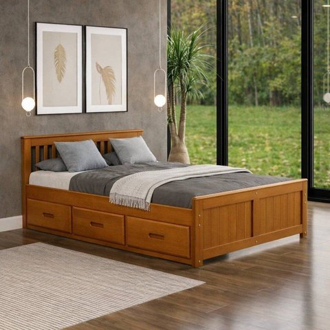 Cama King Size 06 Gavetas Madeira Maciça Amêndoa