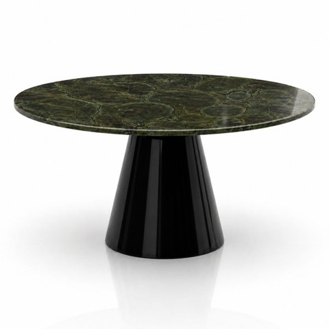 Mesa de Jantar Cone Redonda 130 cm Tampo Mármore Verde Vitória Régia Base Laca Preta