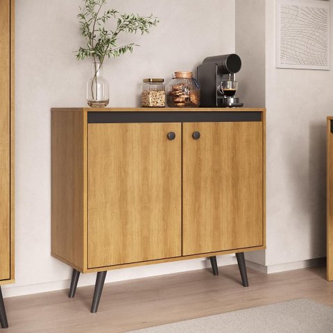 Armário para Escritório Baixo 2 Portas 90cm Multiuso Miami A00900 Cor Mel/Preto - Ozini Móveis