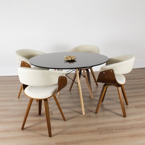 Conjunto Sala de Jantar Mesa Redonda 120cm Eiffel Tampo com 4 Cadeiras Betina Giratória Bege/Creme