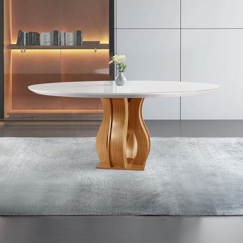 Mesa Redonda 6 Lugares Tampo Vidro/MDF para Sala de Jantar 135cm Nuance Yescasa Marrom/Castanho Cinamomo/Off White