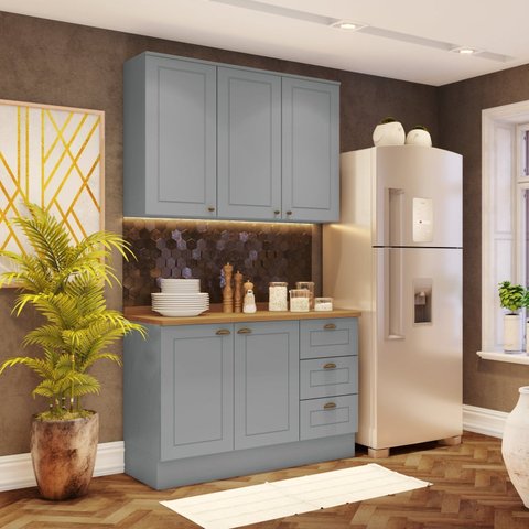 Cozinha Compacta Modulada 2 Peças 5 Portas 3 Gavetas Emily Cinza/Nature