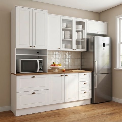 Cozinha Compacta Modulada 100% MDF 4 Peças com Torre Quente e Balcão com Tampo Branca/Nature Emily