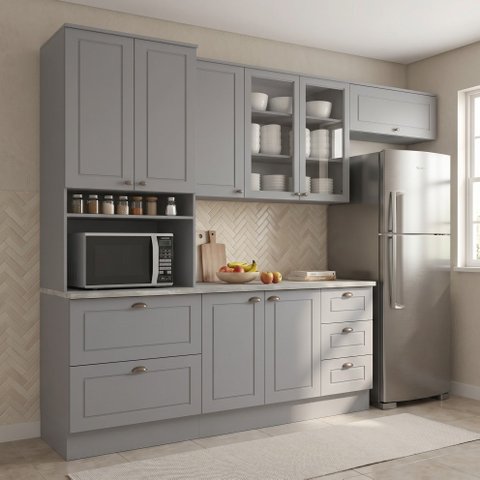 Cozinha Compacta Modulada 100% MDF 4 Peças com Torre Quente e Balcão com Tampo Cinza/Calcare Emily