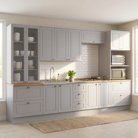 Cozinha Completa Modulada 6 Peças 100% MDF 2 Balcões Cristaleira e Torre Quente Cinza/Nature Emily