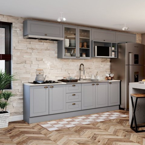 Cozinha Compacta Modulada 8 Peças com Balcão e Tampo para Cooktop Emily Espresso Móveis Cinza/Calcare