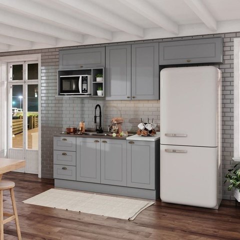 Cozinha Compacta Modulada 7 Portas 3 Gavetas Emily Cinza/Calcare