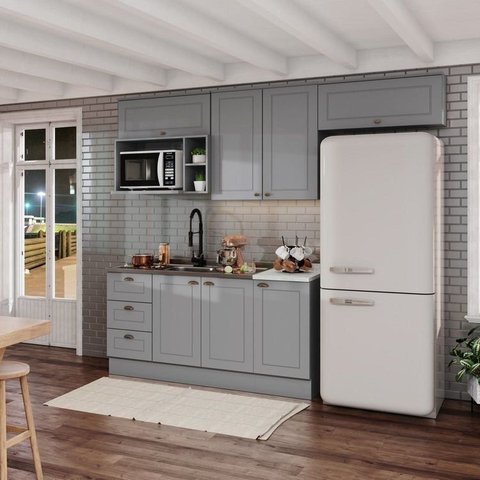Cozinha Compacta Modulada 7 Portas 3 Gavetas Emily Cinza/Calcare