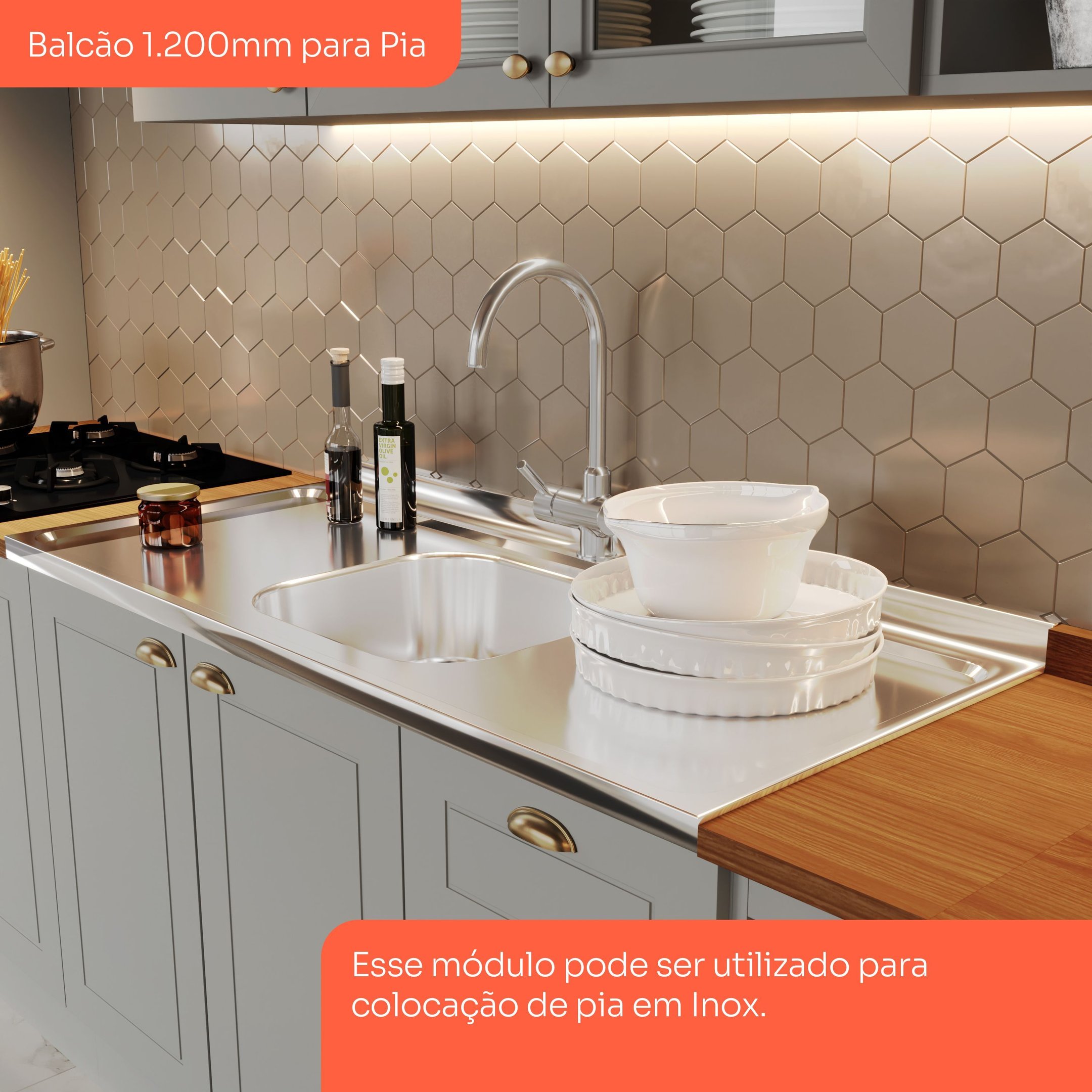 Cozinha Compacta Modulada 7 Portas 3 Gavetas Emily Cinza/Calcare