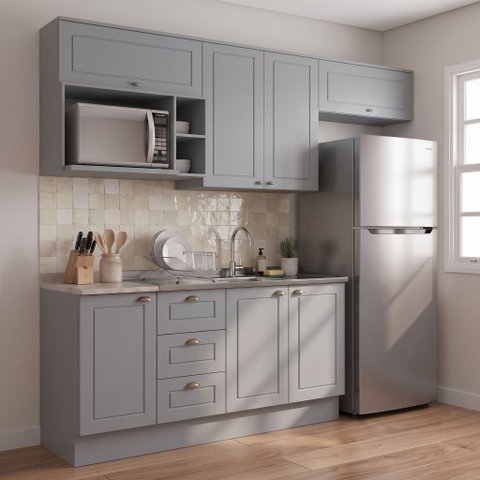 Cozinha Completa Modulada 6 Peças 100% MDF 7 Portas e Nicho para Microondas Cinza/Calcare Emily