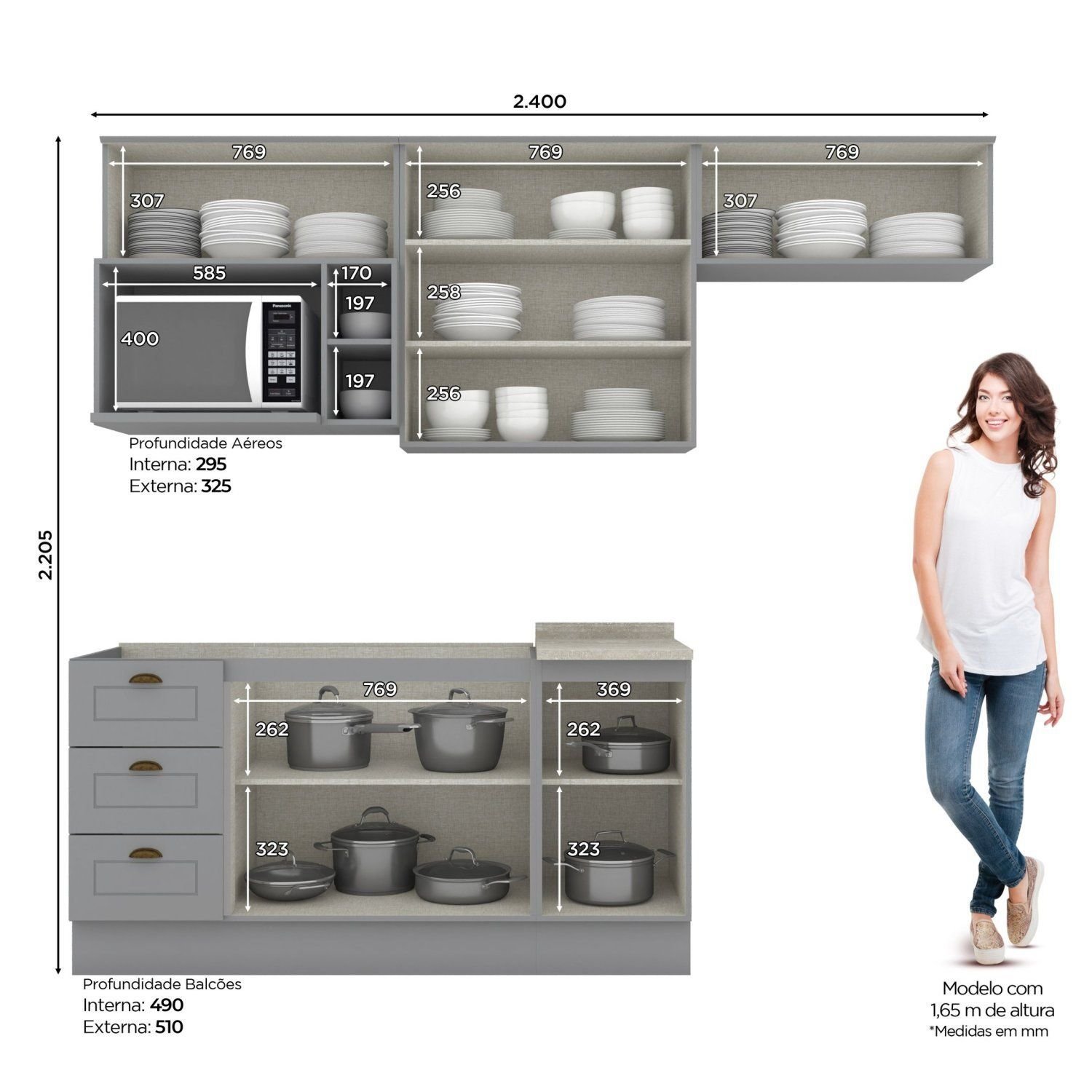 Emily ３点 Cozinha Compacta Modulada 7 Portas 3 Gavetas Emily Cinza/Calcare