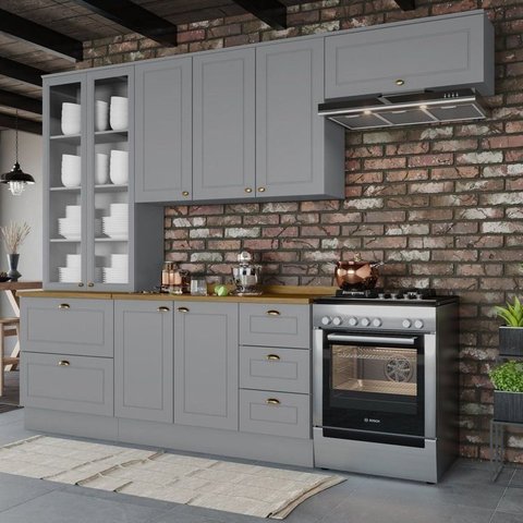 Cozinha Compacta Modulada 4 Peças com Cristaleira Emily Cinza e Tampo Nature