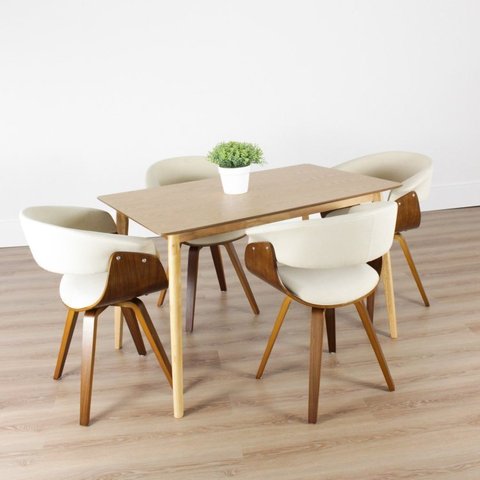 Conjunto Sala de Jantar Mesa Finlândia 120x75cm com 4 Cadeiras Betina Giratória Linho Bege/Creme