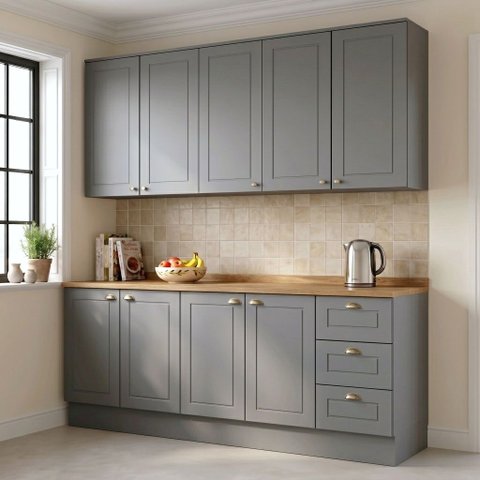 Cozinha Compacta Modulada 4 Peças 100% MDF 2 Armários Aéreos 2 Balcões com Tampo Cinza/Nature Emily