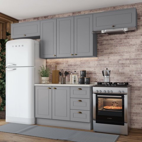 Cozinha Compacta Modulada 4 Peças com Duplo Aéreo Emily Cinza/Calcare
