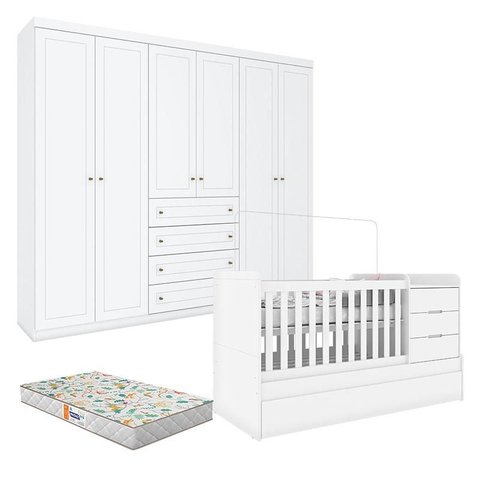 Berço Multifuncional Cleo e Guarda Roupa Infantil 6 Portas Americano Branco Fosco com Colchão Gazin 