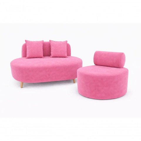 Kit Sofá Orgânico Feijão 2 Lugares 115cm Rosa Veludo Poltrona Flora do Lar