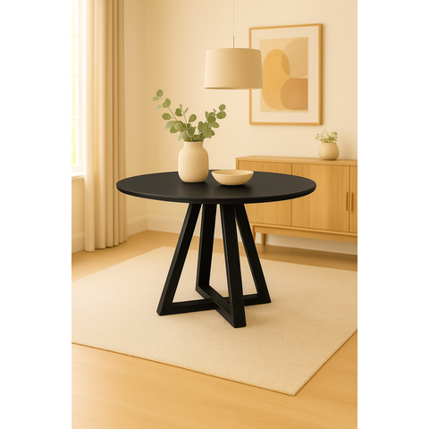 Mesa Jantar 100cm Tampo Mdf/vidro Redonda 4 Lugares Pés Madeira Maciça Preto
