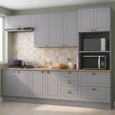 Cozinha Completa Modulada 5 Peças em MDF Torre Quente e Balcão com Tampo Cooktop Cinza/Nature Emily
