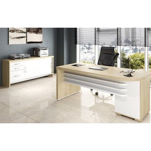 Conjunto 2 Peças 1 Mesa 180cm Tamburato 4 Gavetas com Balcão 2 Portas 3 Carvalho Branco