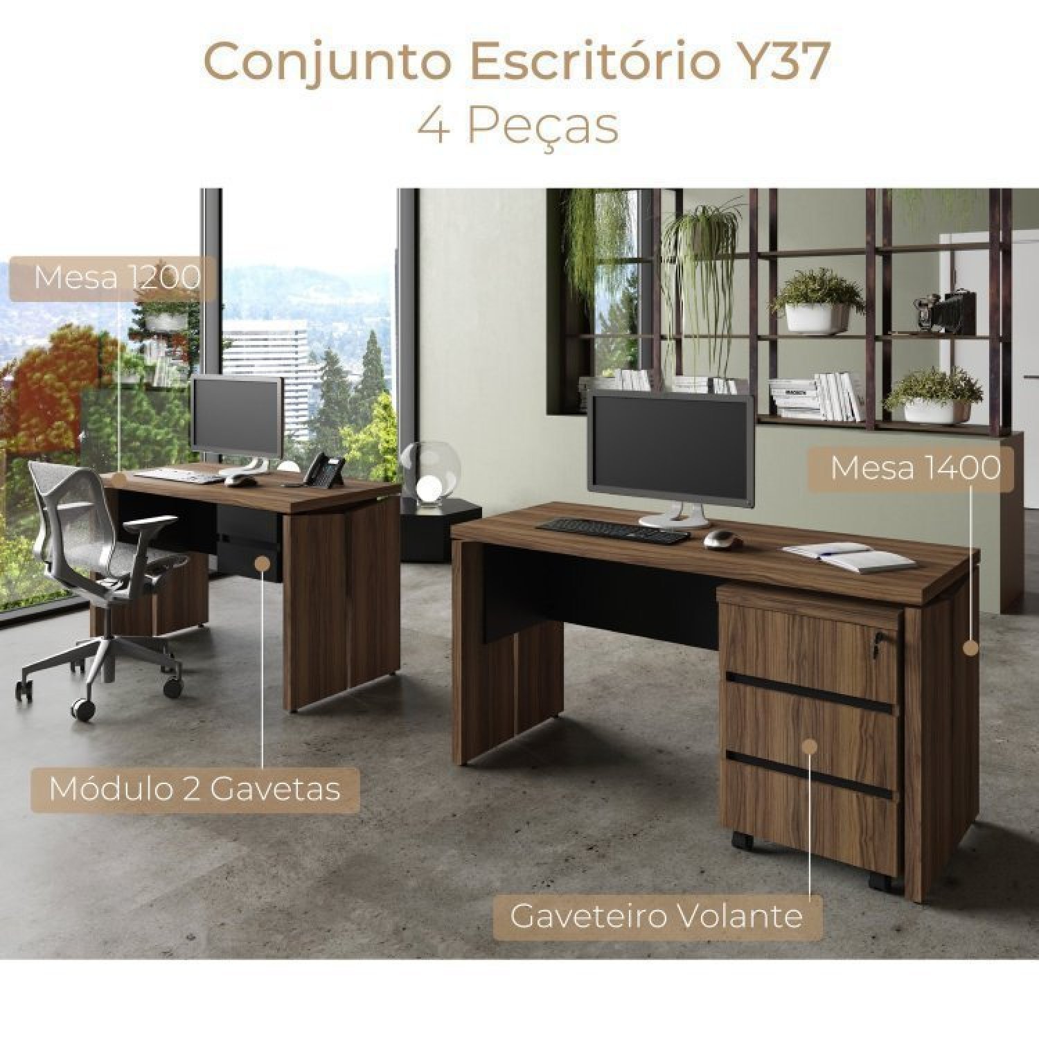 Conjunto Home Office 3 Peças 1 Mesa 140cm 2 Gavetas com Chave 1 Mesa 120cm 1 Gaveteiro 3 Gavetas Artany - 6