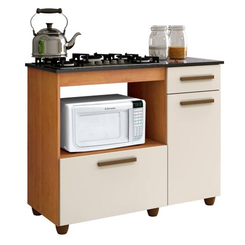 Balcão para Cooktop 4 Bocas e Forno 2 Portas 1 Gaveta Violeta Kaiki Móveis Nature/Off White