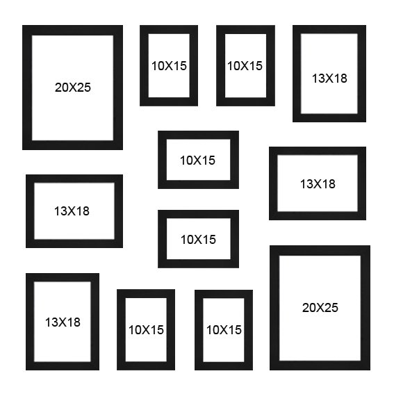 Kit 12 Molduras Quadros 6-10x15 + 4-13x18 + 2-20x25 com Vidro:preto/mesa (gravata) - 2