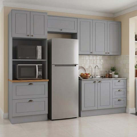 Cozinha Compacta Modulada 4 Peças 100% MDF com Torre Quente e Balcão sem Tampo Cinza/Nature Emily