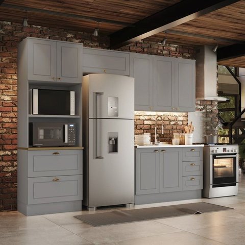 Cozinha Compacta Modulada 8 Portas 5 Gavetas Peças Emily Cinza/Nature