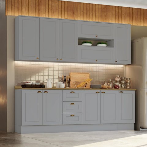 Cozinha Compacta Modulada 7 Peças 11 Portas 3 Gavetas Emily Cinza/Nature