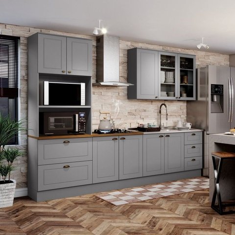 Cozinha Completa Modulada 9 Portas 5 Gavetas Emily Cinza/Nature