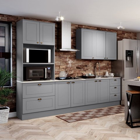 Cozinha Completa Modulada 8 Portas 5 Gavetas Emily Cinza/Calcare