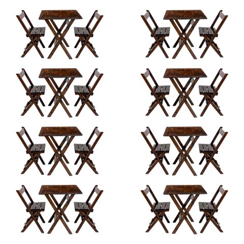 Kit 8 Conjuntos Mesa Dobrável para Bar e Restaurante 60x60cm com 2 Cadeiras em Madeira Maciça - Imbu