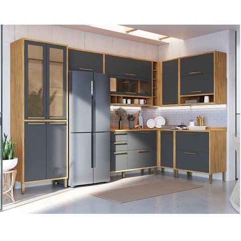 Cozinha de Canto 100% Mdf  8 Peças 14 Portas e Vidro Reflecta 321cm Vicenza Espresso Móveis