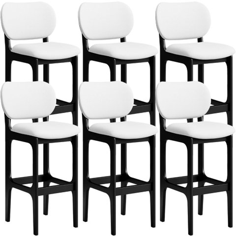 Kit 06 Banquetas Alta Para Cozinha Madeira Fixa Betta L02 Preto Corano Branco - Lyam Decor