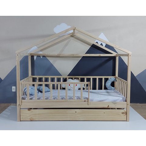 Bicama Solteiro Frente Casinha Montessoriana Madeira Maciça Pinus - Verniz Incolor - Grade Vertical