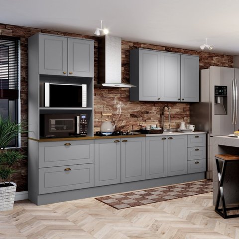 Cozinha Completa Modulada 9 Portas 5 Gavetas Emily Cinza/Nature