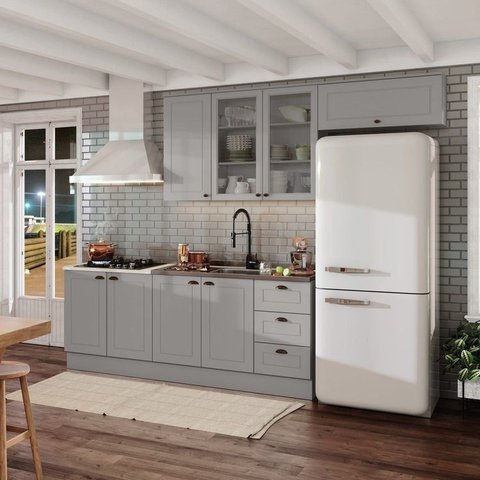 Cozinha Compacta Modulada 8 Portas e 3 Gavetas Emily Cinza/Calcare