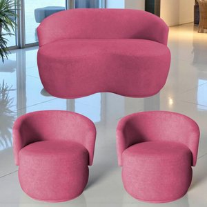 Kit Namoradeira + 2 Poltronas Decorativa Beatriz Orgânica Suede Rosa