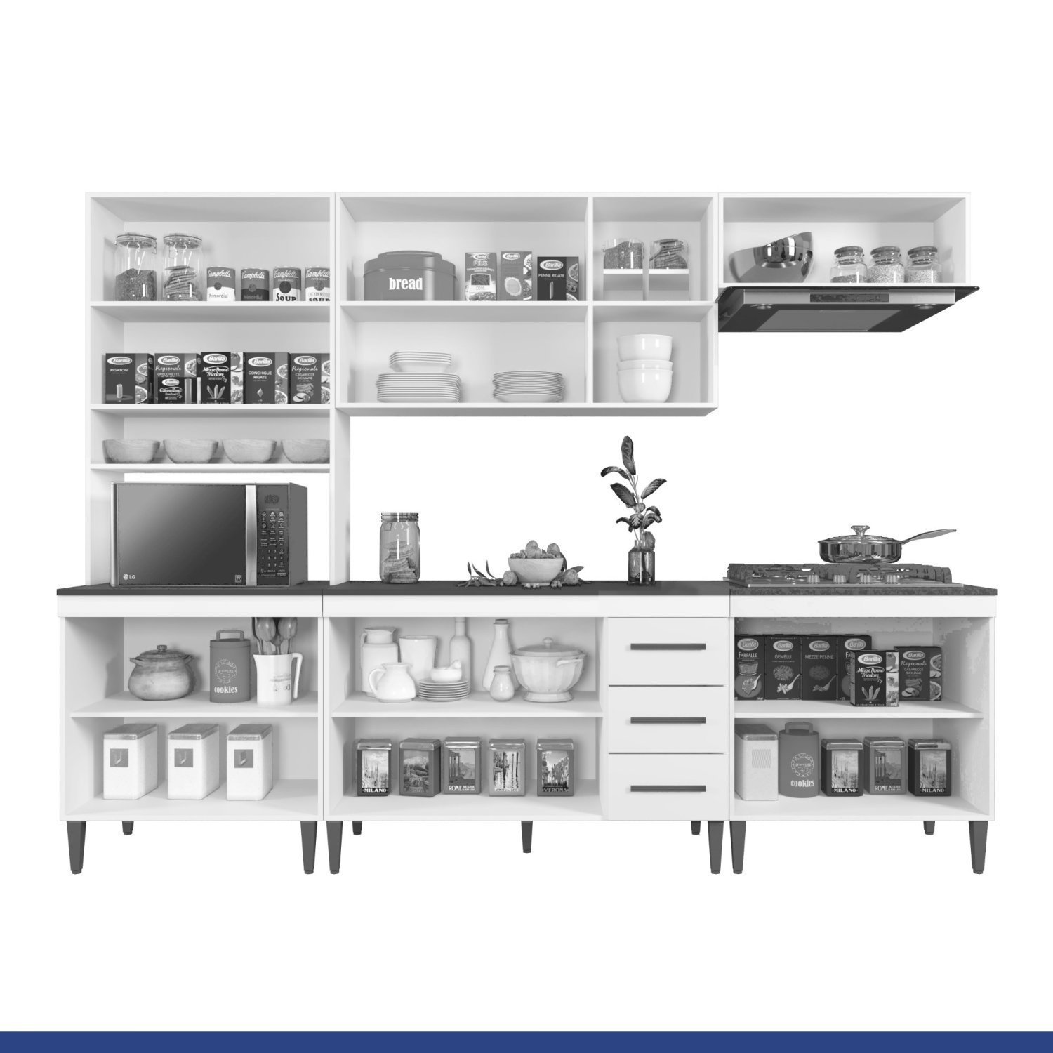 Cozinha Completa com Vidro Reflecta 12 Portas 3 Gavetas e Balcão para Cooktop 5 Bocas Atenas Kaiki M - 5