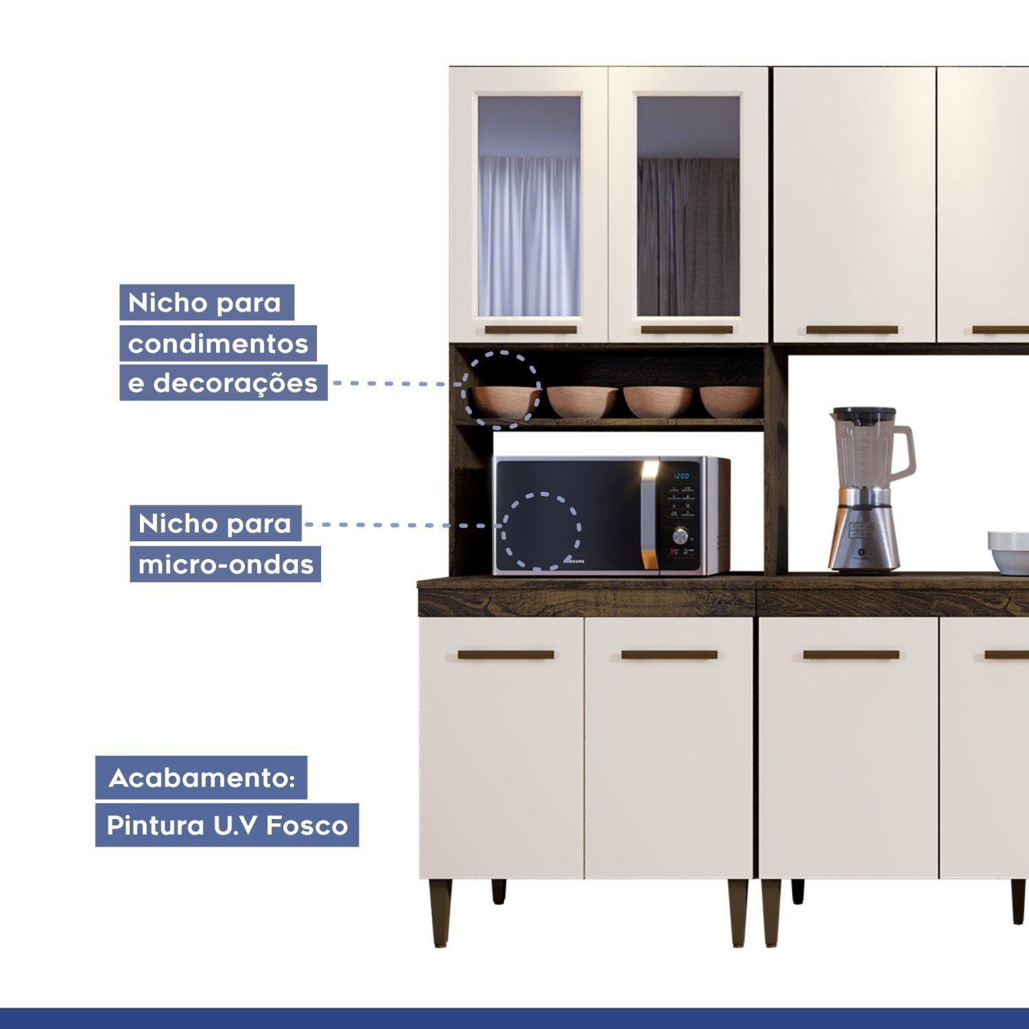Cozinha Completa com Vidro Reflecta 12 Portas 3 Gavetas e Balcão para Cooktop 5 Bocas Atenas Kaiki M - 7