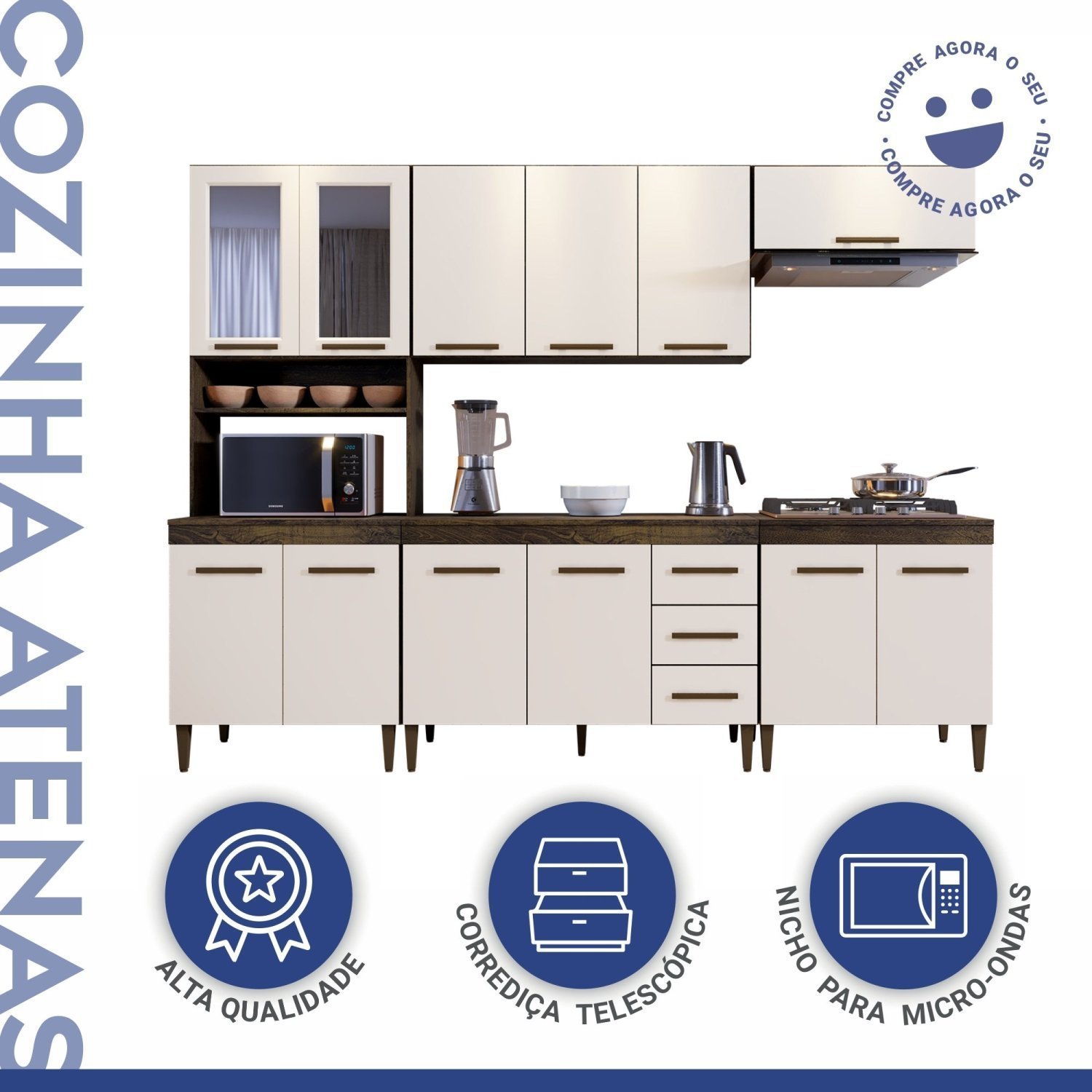 Cozinha Completa com Vidro Reflecta 12 Portas 3 Gavetas e Balcão para Cooktop 5 Bocas Atenas Kaiki M - 9