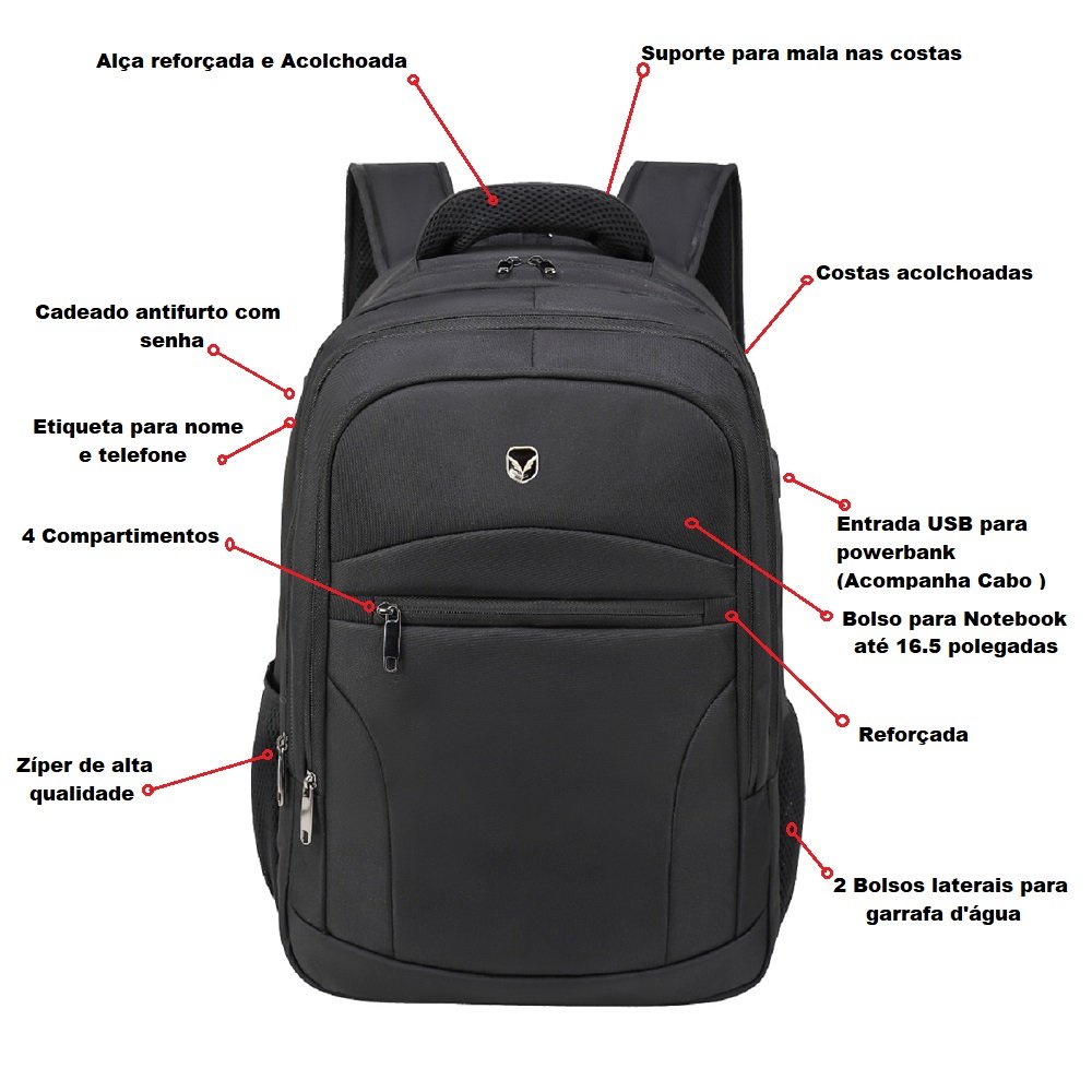 Mochila Notebook 16.5/POL Trabalho Urbano Passeio AntiFurto YEPP Preto - 5