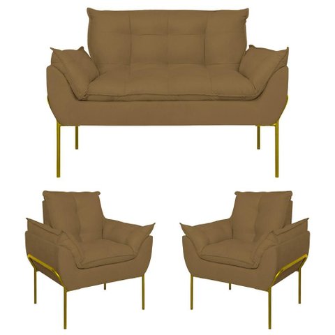 Kit 2 Poltronas + Namoradeira Pé Metal Dourado Recepção Sala Cor:capuccino