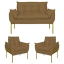 Ver imagem 1 de Kit 2 Poltronas + Namoradeira Pé Metal Dourado Recepção Sala Cor:capuccino