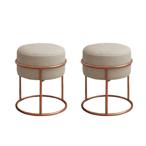 Kit 2 Puff Redondo Decorativo Linho Base Metal Cobre Assento Estofado Cor Areia